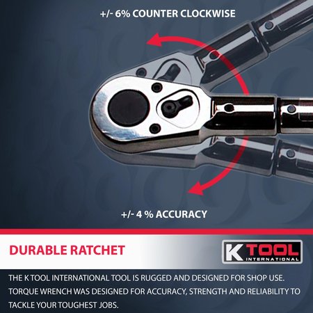 K-Tool International Adjustable Ratcheting Torque Wrench Usa Made, 100-600 Ft/L, 3/4" Drive KTI72176A